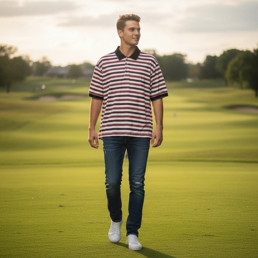 Ben Hogan Mens Golf Shirt Polo Size XL Red White Black stripped Eagle Mountain